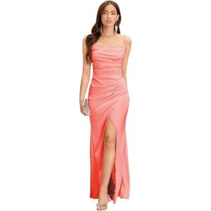 imageSpaghetti Straps Mermaid Prom Dress Long Silk Satin Bridesmaid Dresses for Wedding Cowl Neck Formal Gowns with SlitCoral
