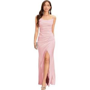 imageSpaghetti Straps Mermaid Prom Dress Long Silk Satin Bridesmaid Dresses for Wedding Cowl Neck Formal Gowns with SlitPink