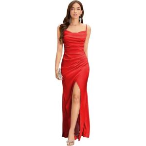 imageSpaghetti Straps Mermaid Prom Dress Long Silk Satin Bridesmaid Dresses for Wedding Cowl Neck Formal Gowns with SlitRed