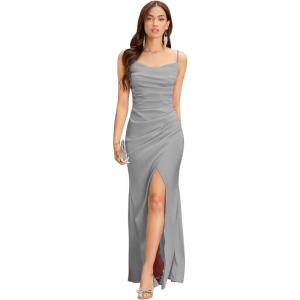 imageSpaghetti Straps Mermaid Prom Dress Long Silk Satin Bridesmaid Dresses for Wedding Cowl Neck Formal Gowns with SlitSilver