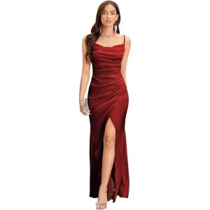 imageSpaghetti Straps Mermaid Prom Dress Long Silk Satin Bridesmaid Dresses for Wedding Cowl Neck Formal Gowns with SlitWine Red