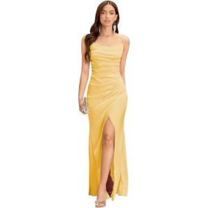 imageSpaghetti Straps Mermaid Prom Dress Long Silk Satin Bridesmaid Dresses for Wedding Cowl Neck Formal Gowns with SlitYellow