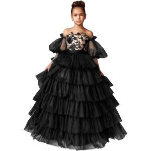 imageTulle Pageant Dress Lace Flower Girl Dresses Appliques Tiered Princess Ball Gown Kids Prom Formal GownsBlack