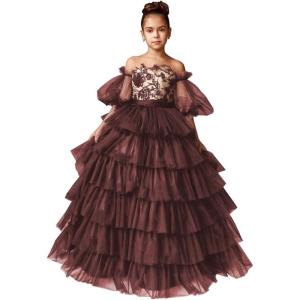 imageTulle Pageant Dress Lace Flower Girl Dresses Appliques Tiered Princess Ball Gown Kids Prom Formal GownsBurgundy