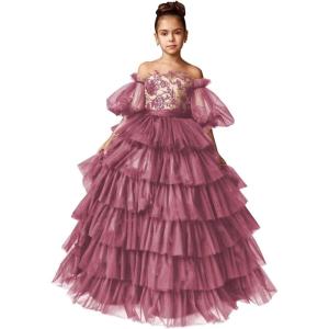 imageTulle Pageant Dress Lace Flower Girl Dresses Appliques Tiered Princess Ball Gown Kids Prom Formal GownsDesert Rose