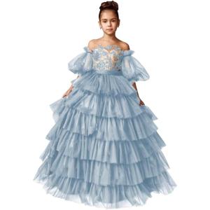 imageTulle Pageant Dress Lace Flower Girl Dresses Appliques Tiered Princess Ball Gown Kids Prom Formal GownsDusty Blue