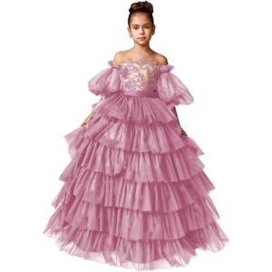 imageTulle Pageant Dress Lace Flower Girl Dresses Appliques Tiered Princess Ball Gown Kids Prom Formal GownsDusty Pink