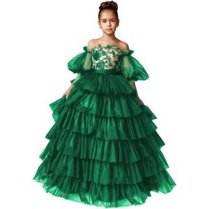 imageTulle Pageant Dress Lace Flower Girl Dresses Appliques Tiered Princess Ball Gown Kids Prom Formal GownsEmerald Green