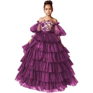 imageTulle Pageant Dress Lace Flower Girl Dresses Appliques Tiered Princess Ball Gown Kids Prom Formal GownsFuchsia