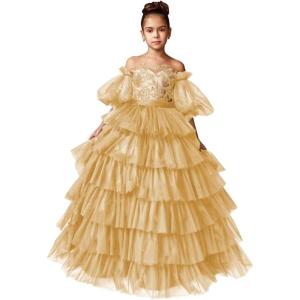 imageTulle Pageant Dress Lace Flower Girl Dresses Appliques Tiered Princess Ball Gown Kids Prom Formal GownsGold