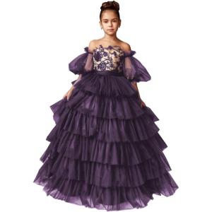 imageTulle Pageant Dress Lace Flower Girl Dresses Appliques Tiered Princess Ball Gown Kids Prom Formal GownsGrape
