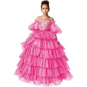 imageTulle Pageant Dress Lace Flower Girl Dresses Appliques Tiered Princess Ball Gown Kids Prom Formal GownsHot Pink