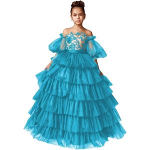 imageTulle Pageant Dress Lace Flower Girl Dresses Appliques Tiered Princess Ball Gown Kids Prom Formal GownsLake Blue