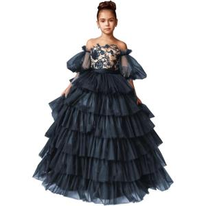 imageTulle Pageant Dress Lace Flower Girl Dresses Appliques Tiered Princess Ball Gown Kids Prom Formal GownsNavy Blue