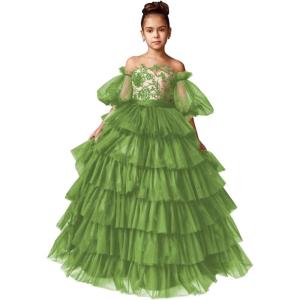 imageTulle Pageant Dress Lace Flower Girl Dresses Appliques Tiered Princess Ball Gown Kids Prom Formal GownsOlive