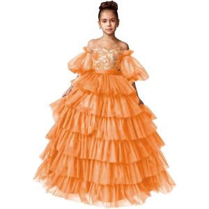 imageTulle Pageant Dress Lace Flower Girl Dresses Appliques Tiered Princess Ball Gown Kids Prom Formal GownsOrange