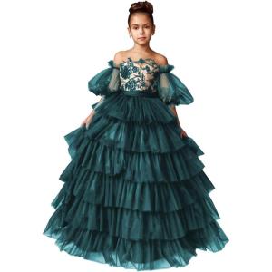 imageTulle Pageant Dress Lace Flower Girl Dresses Appliques Tiered Princess Ball Gown Kids Prom Formal GownsPeacock