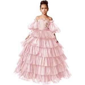 imageTulle Pageant Dress Lace Flower Girl Dresses Appliques Tiered Princess Ball Gown Kids Prom Formal GownsPink