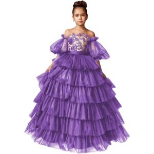 imageTulle Pageant Dress Lace Flower Girl Dresses Appliques Tiered Princess Ball Gown Kids Prom Formal GownsPurple