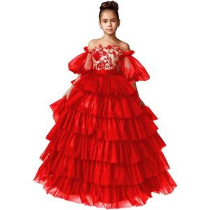 imageTulle Pageant Dress Lace Flower Girl Dresses Appliques Tiered Princess Ball Gown Kids Prom Formal GownsRed