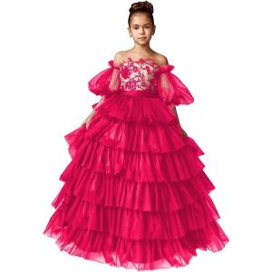 imageTulle Pageant Dress Lace Flower Girl Dresses Appliques Tiered Princess Ball Gown Kids Prom Formal GownsRose Red