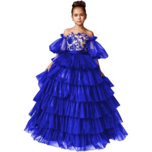 imageTulle Pageant Dress Lace Flower Girl Dresses Appliques Tiered Princess Ball Gown Kids Prom Formal GownsRoyal Blue