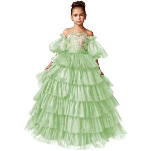 imageTulle Pageant Dress Lace Flower Girl Dresses Appliques Tiered Princess Ball Gown Kids Prom Formal GownsSage