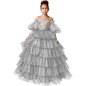 imageTulle Pageant Dress Lace Flower Girl Dresses Appliques Tiered Princess Ball Gown Kids Prom Formal GownsSilver