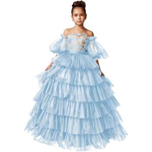 imageTulle Pageant Dress Lace Flower Girl Dresses Appliques Tiered Princess Ball Gown Kids Prom Formal GownsSky Blue