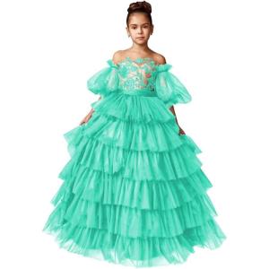 imageTulle Pageant Dress Lace Flower Girl Dresses Appliques Tiered Princess Ball Gown Kids Prom Formal GownsTurquoise