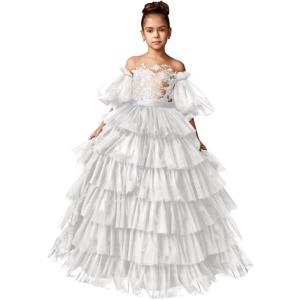 imageTulle Pageant Dress Lace Flower Girl Dresses Appliques Tiered Princess Ball Gown Kids Prom Formal GownsWhite