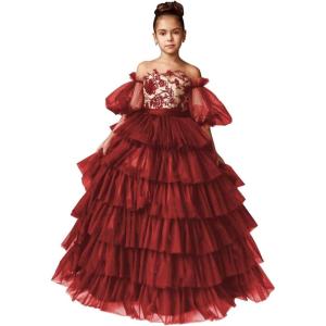 imageTulle Pageant Dress Lace Flower Girl Dresses Appliques Tiered Princess Ball Gown Kids Prom Formal GownsWine Red