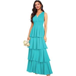 imageV Neck Tiered Bridesmaid Dresses Long for Women Ruffles Chiffon Formal Evening DressesAqua