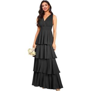 imageV Neck Tiered Bridesmaid Dresses Long for Women Ruffles Chiffon Formal Evening DressesBlack