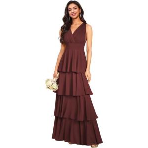 imageV Neck Tiered Bridesmaid Dresses Long for Women Ruffles Chiffon Formal Evening DressesBurgundy
