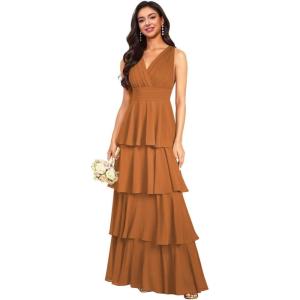 imageV Neck Tiered Bridesmaid Dresses Long for Women Ruffles Chiffon Formal Evening DressesBurnt Orange