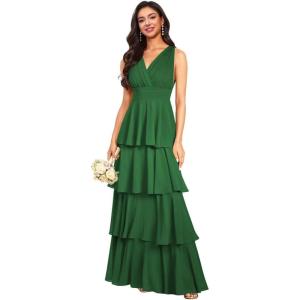 imageV Neck Tiered Bridesmaid Dresses Long for Women Ruffles Chiffon Formal Evening DressesEmerald Green