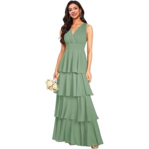 imageV Neck Tiered Bridesmaid Dresses Long for Women Ruffles Chiffon Formal Evening DressesEucalyptus