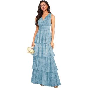 imageV Neck Tiered Bridesmaid Dresses Long for Women Ruffles Chiffon Formal Evening DressesFloral Blue