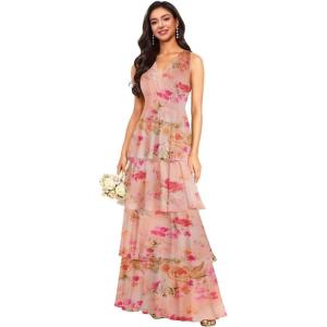 imageV Neck Tiered Bridesmaid Dresses Long for Women Ruffles Chiffon Formal Evening DressesFloral Coral