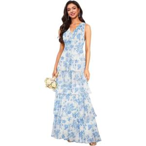 imageV Neck Tiered Bridesmaid Dresses Long for Women Ruffles Chiffon Formal Evening DressesFloral Light Blue