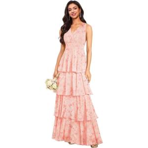 imageV Neck Tiered Bridesmaid Dresses Long for Women Ruffles Chiffon Formal Evening DressesFloral Pink