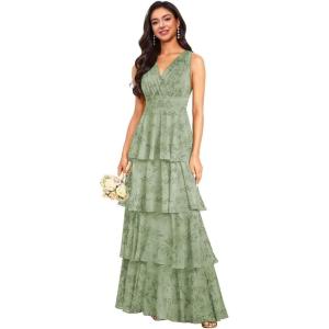imageV Neck Tiered Bridesmaid Dresses Long for Women Ruffles Chiffon Formal Evening DressesFloral Sage