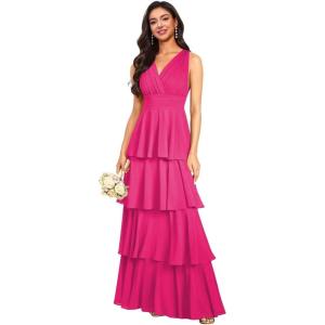 imageV Neck Tiered Bridesmaid Dresses Long for Women Ruffles Chiffon Formal Evening DressesFuchsia