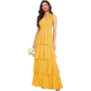 imageV Neck Tiered Bridesmaid Dresses Long for Women Ruffles Chiffon Formal Evening DressesGold