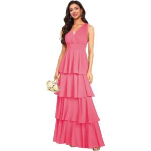 imageV Neck Tiered Bridesmaid Dresses Long for Women Ruffles Chiffon Formal Evening DressesHot Pink