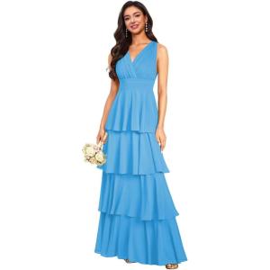 imageV Neck Tiered Bridesmaid Dresses Long for Women Ruffles Chiffon Formal Evening DressesLake Blue
