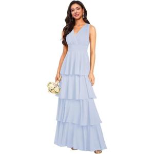 imageV Neck Tiered Bridesmaid Dresses Long for Women Ruffles Chiffon Formal Evening DressesLavender