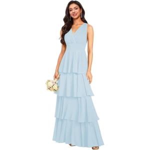 imageV Neck Tiered Bridesmaid Dresses Long for Women Ruffles Chiffon Formal Evening DressesLight Blue