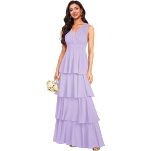 imageV Neck Tiered Bridesmaid Dresses Long for Women Ruffles Chiffon Formal Evening DressesLilac